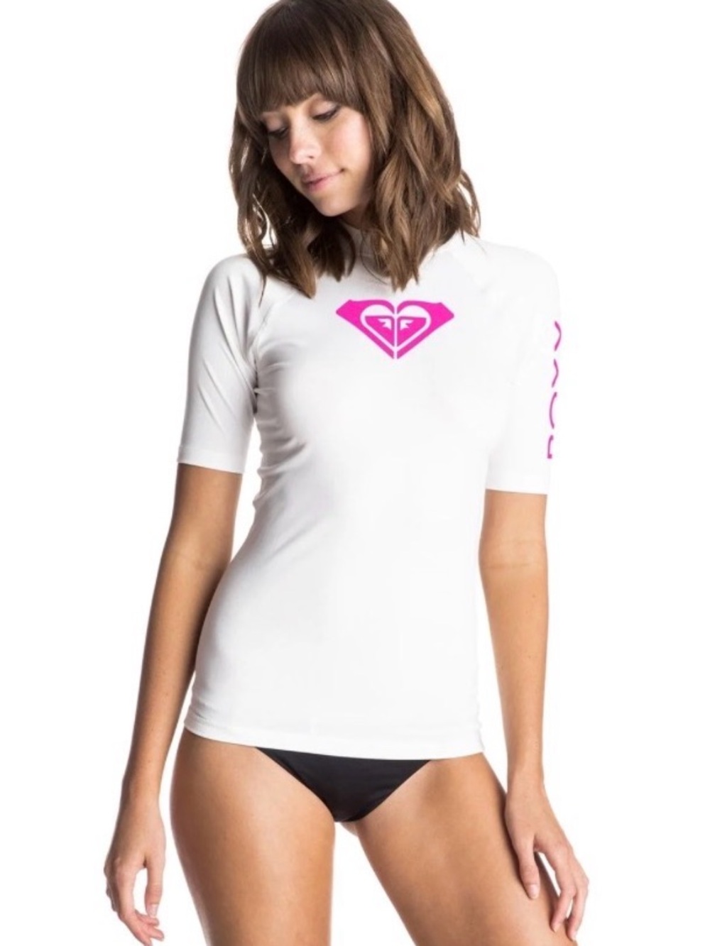 Roxy Whole Hearted White Rash Guard Swim Shirt Pink Logo